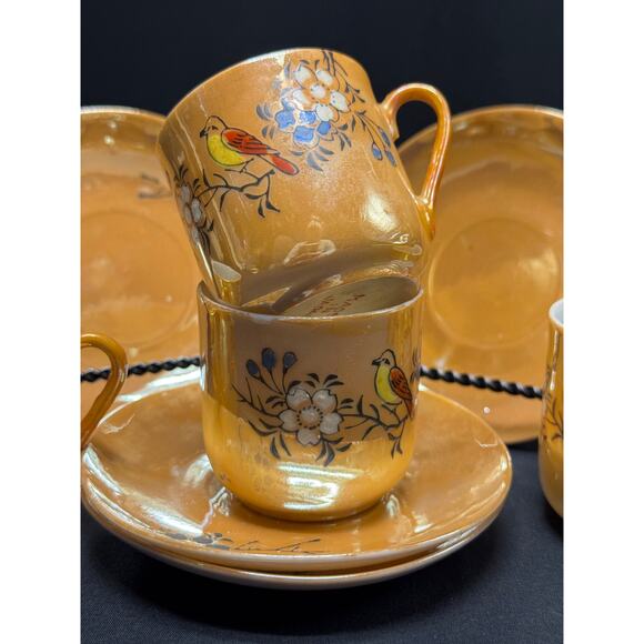 Set of 4 Vintage Hand-Painted Lusterware Demitasse Teacups & Saucers – Japan - Picture 3 of 13